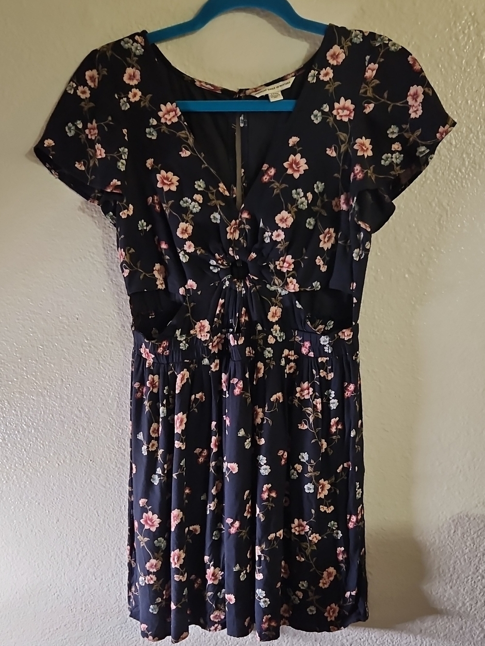 American Eagle Black Floral Cutout Twist Mini Dress Boho Size Small GUC